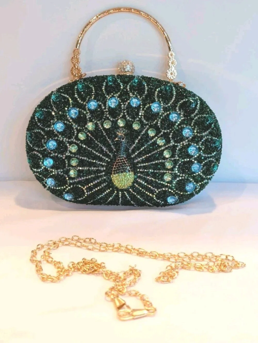 Purse Peacock Green & Blue Crystal Beaded Clutch Detachable Chain & Handle 8